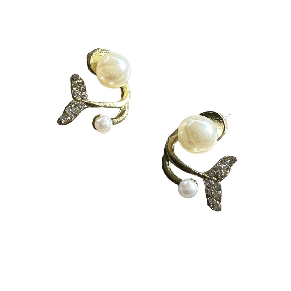 Antique Gold and Pearl Mermaid Tail Stud Earrings